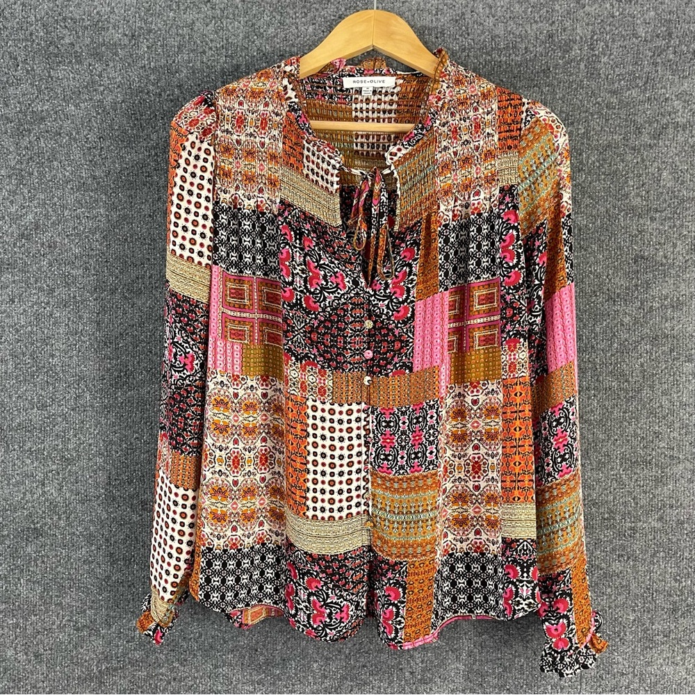 Rose & Olive Womens Patchwork Top Size Medium Long Sleeve Boho Peasant Office